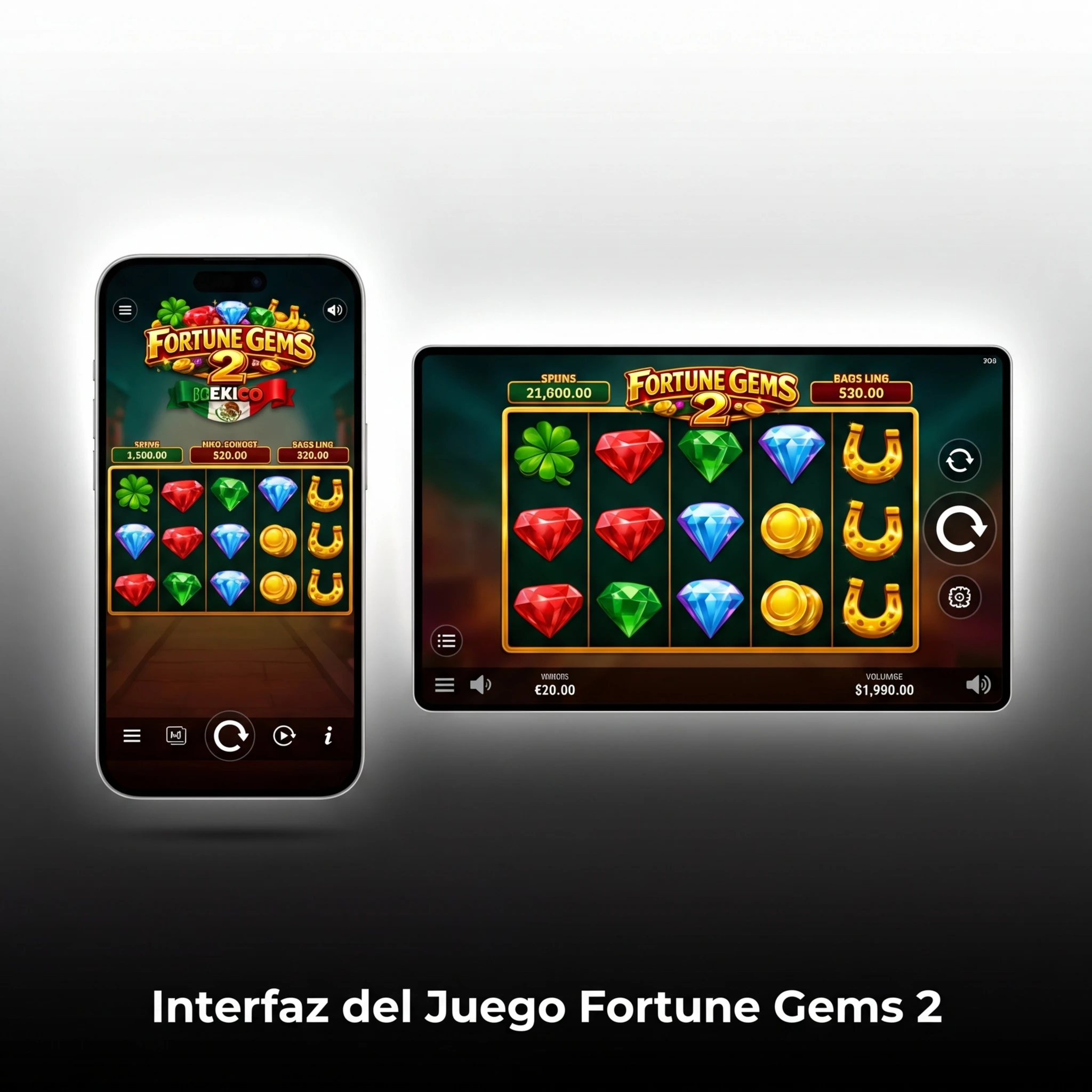 Interfaz del juego Fortune Gems 2 con cuadrícula 3x3, fondo oscuro y controles de apuesta en la parte inferior.